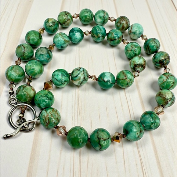African Turquoise Jasper & Crystal Beaded Necklace w/ Silver Toggle Clasp 20” - Picture 13 of 17